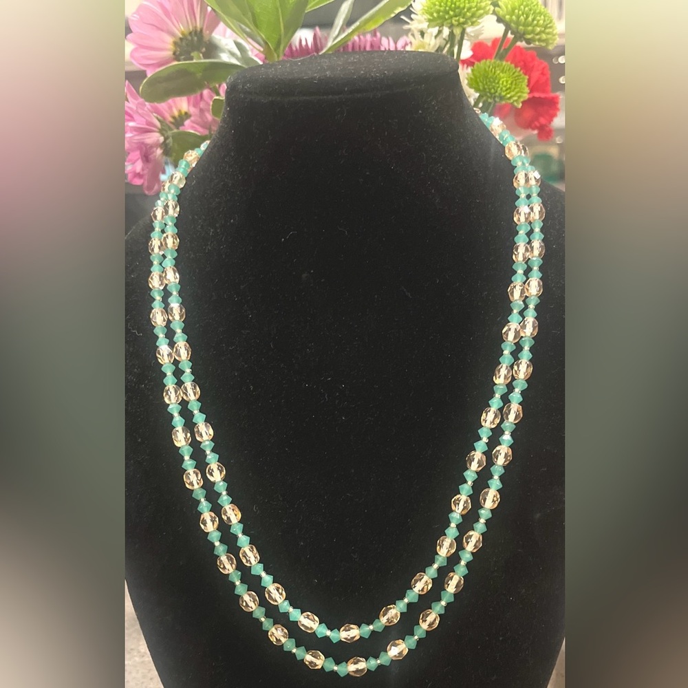 Vintage Champagne and Green Beaded Crystal Necklace